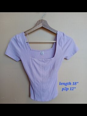 bp Ribbed Square Neck Short Sleeve Top - Light Lavender